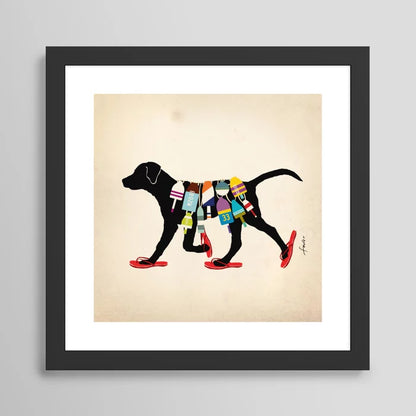 Black Labrador nautical art print in black frame, coastal wall décor for restaurants, bars, and beach hotels