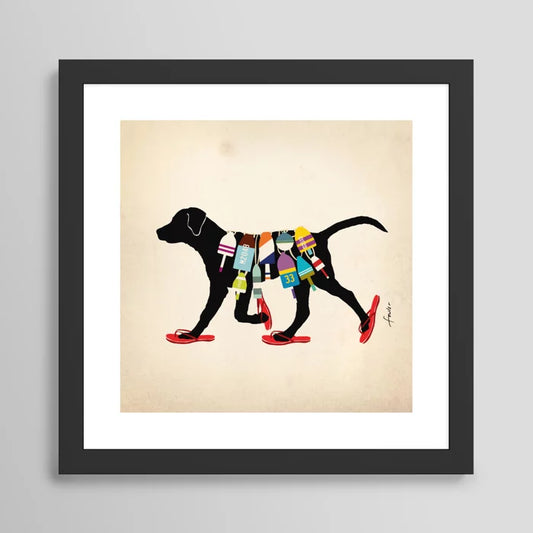 Black Labrador nautical art print in black frame, coastal wall décor for restaurants, bars, and beach hotels