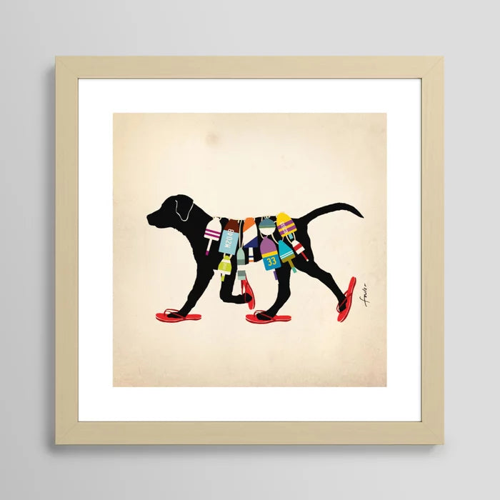 Black Labrador nautical art print in maple frame, warm coastal décor for restaurants and boutique hotels