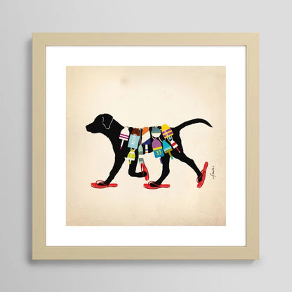 Black Labrador nautical art print in maple frame, warm coastal décor for restaurants and boutique hotels