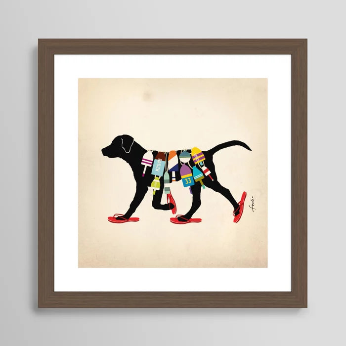 Nautical Labrador art print in walnut frame, rustic beach-inspired wall art for bars and resorts