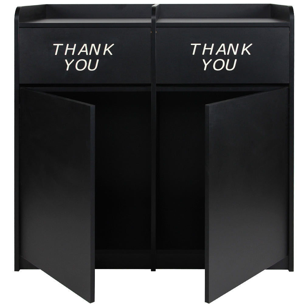 Dual waste receptacle with two “THANK YOU” swing doors and top tray shelves