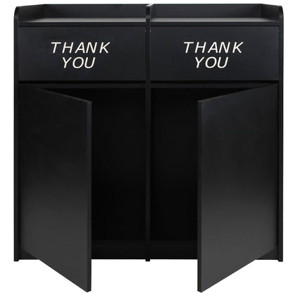 Dual waste receptacle with two “THANK YOU” swing doors and top tray shelves