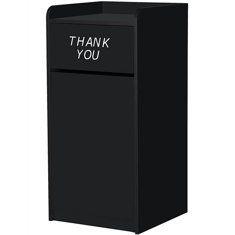 Black laminate waste receptacle with swing door and tray shelf
