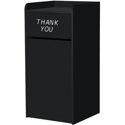 Black laminate waste receptacle with swing door and tray shelf