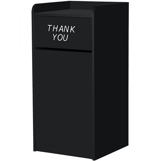 Black laminate waste receptacle with swing door and tray shelf