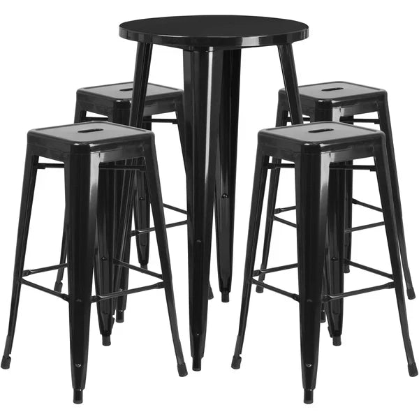 Black metal bar table set with four backless stools for restaurants, cafés, and bars