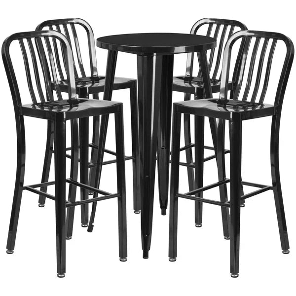 Black bar-height table set with slat back stools for restaurants and cafés