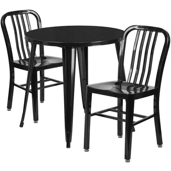Black metal round table set with slat back chairs for restaurants and cafés