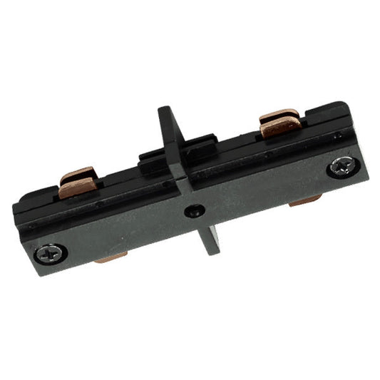 Black straight connector for single- and double-circuit track lighting showing the inline design used to join two Halo-compatible track sections.