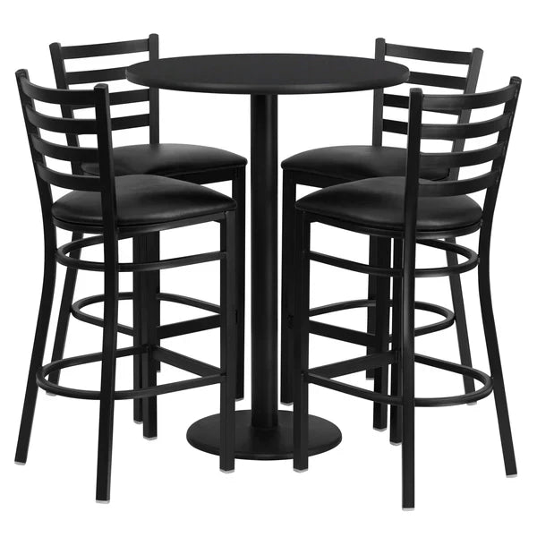Black laminate bar table set with black ladder back barstools for restaurants and hotels.