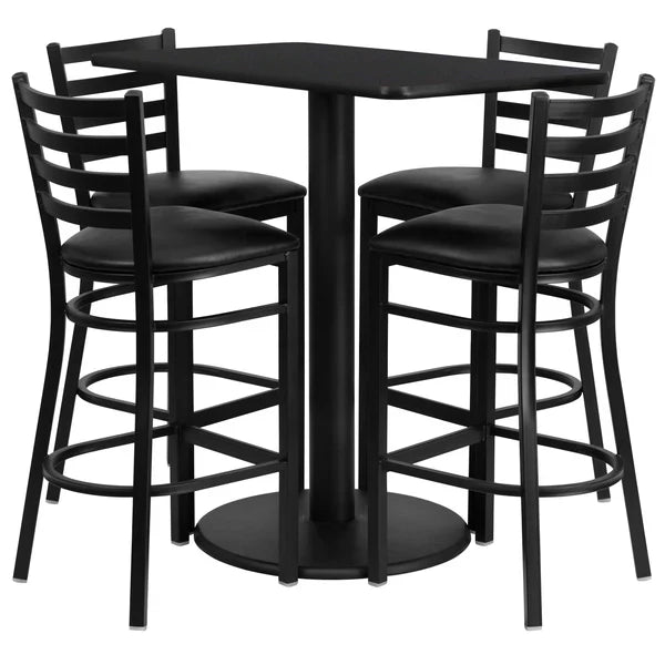 Black laminate bar table set with black ladder back barstools for restaurants and hotels
