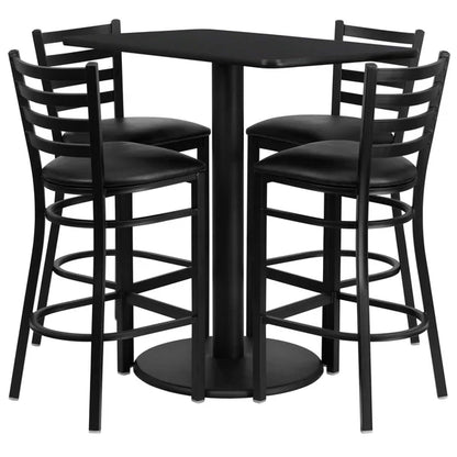 Black laminate bar table set with black ladder back barstools for restaurants and hotels