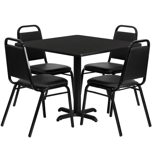 Black 36-inch square restaurant table set with trapezoidal back banquet chairs for hotels and cafés