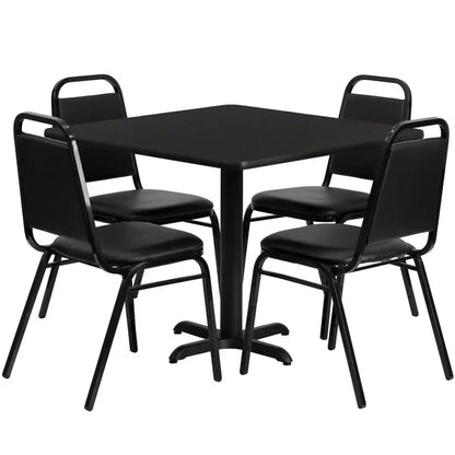 Black 36-inch square restaurant table set with trapezoidal back banquet chairs for hotels and cafés