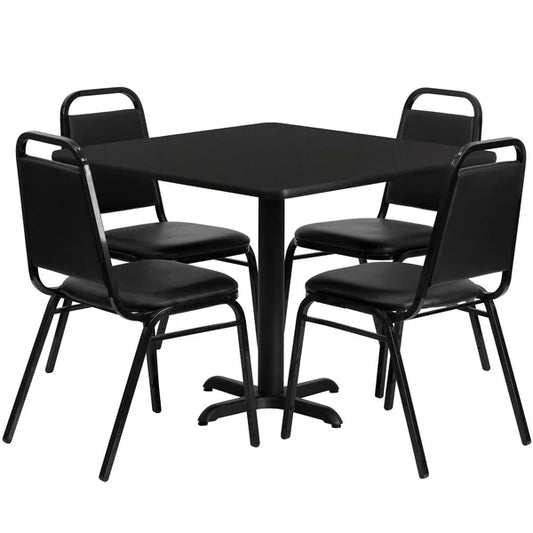 Black 36-inch square restaurant table set with trapezoidal back banquet chairs for hotels and cafés