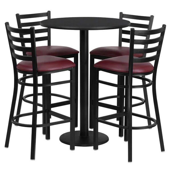 Black laminate bar table set with burgundy ladder back barstools for restaurants and cafés.