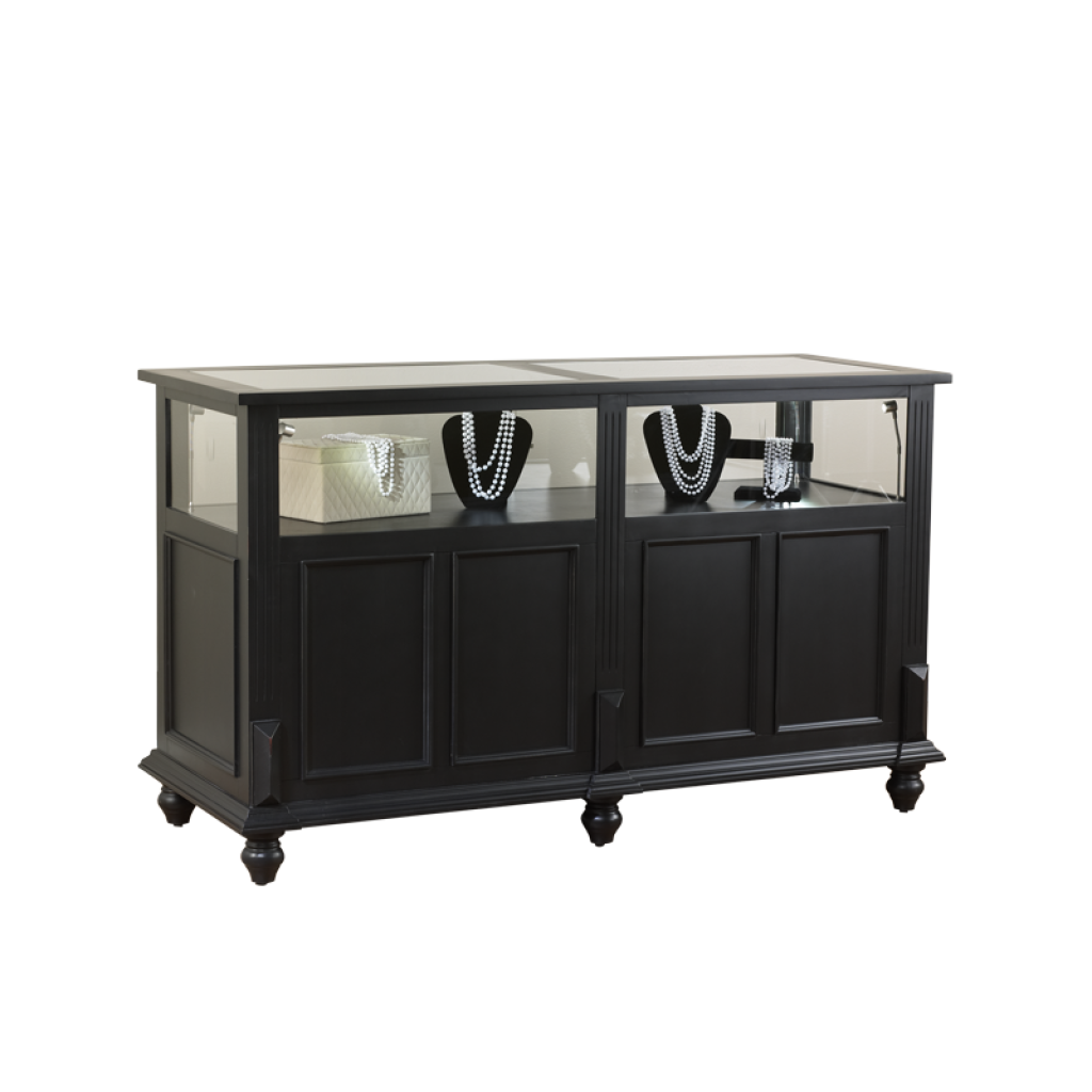 Black finish option showing a smooth, modern painted surface on the Vintage Jewelry Showcase used for secure jewelry and accessory displays
