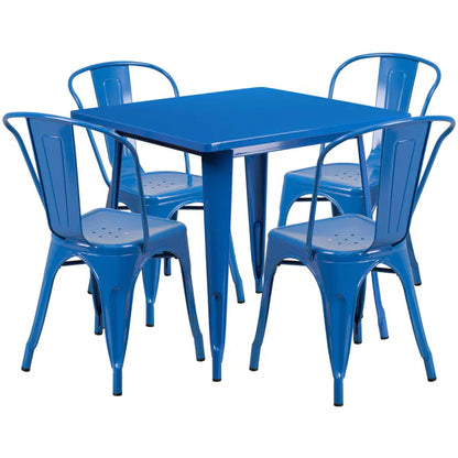 Blue metal restaurant dining set for indoor and outdoor café or bar seating areas