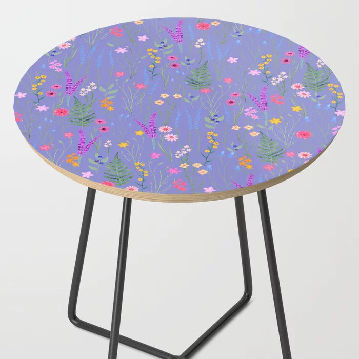 Blue Meadows Colorful Floral Pattern Side Table by Marta Olga Klara – Modern Artistic Furniture for Restaurants, Bars, Hotels & Cafés