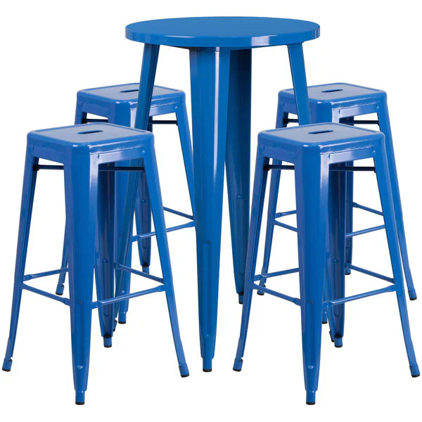 Blue metal bar table and stool set for restaurants, cafés, and hotels