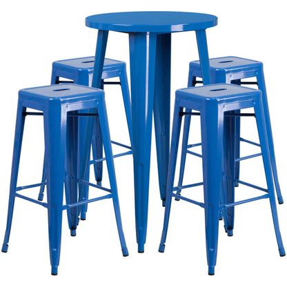 Blue metal bar table and stool set for restaurants, cafés, and hotels