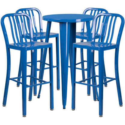 Blue metal bar-height table set with four vertical slat back stools for restaurants and cafés