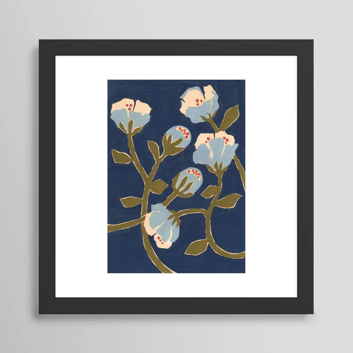 Alt Text:
Blue Perennial Art Print by Megan Galante framed in black hardwood, featuring modern blue floral artwork perfect for boutique hotels, upscale restaurants, and contemporary cafés.