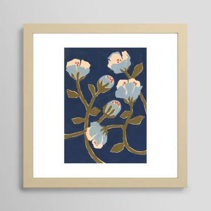 Blue Perennial Art Print by Megan Galante framed in natural maple wood, adding warmth and organic charm to restaurant dining spaces, boutique hotels, and artisan coffee houses.