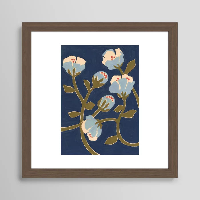 Alt Text:
Blue Perennial Art Print by Megan Galante framed in walnut hardwood, highlighting soft blue botanicals that enhance hotel lobbies, resort lounges, and elegant cocktail bars.