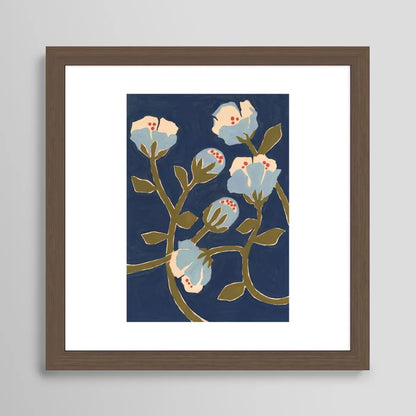 Alt Text:
Blue Perennial Art Print by Megan Galante framed in walnut hardwood, highlighting soft blue botanicals that enhance hotel lobbies, resort lounges, and elegant cocktail bars.