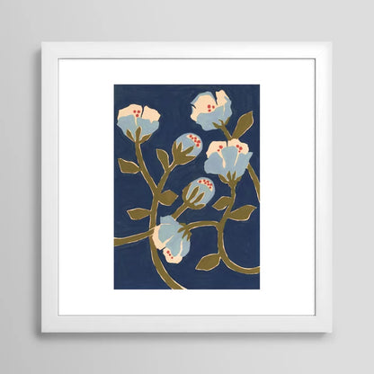 Blue Perennial Art Print by Megan Galante framed in white hardwood, showcasing a clean, airy floral composition ideal for coastal cafés, hotel rooms, and spa interiors.