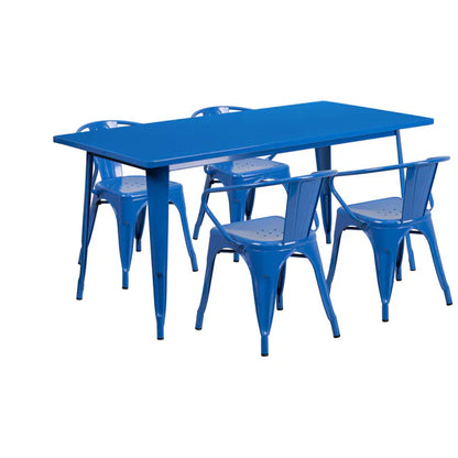 Blue rectangular metal restaurant dining table and arm chairs for cafés and rooftop bars