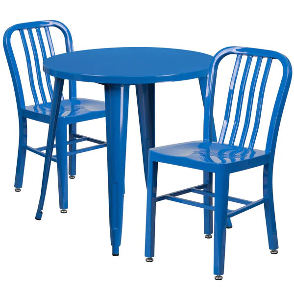 Blue metal round table set with two slat back chairs for restaurants and cafés
