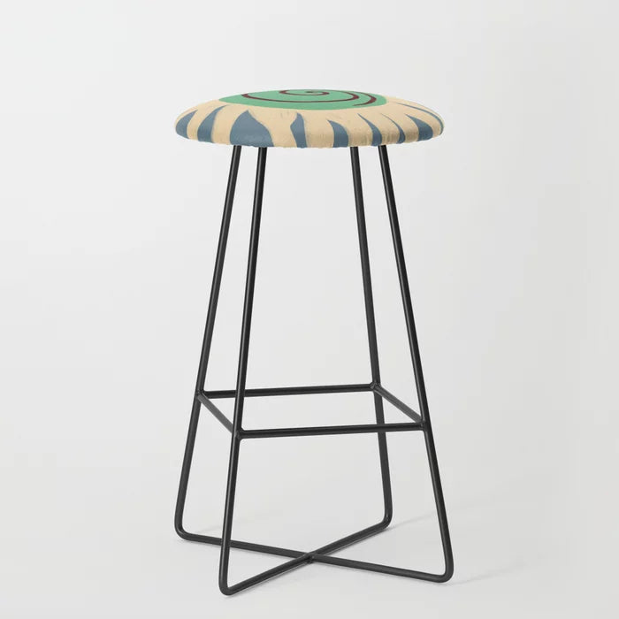 Blue Sun Bar Stool by Sandra Poliakov with black steel legs – colorful contemporary stool perfect for restaurant bar seating, boutique hotels, and artistic cafés