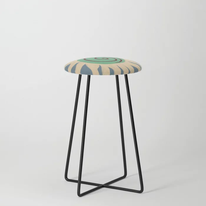 Blue Sun Counter Stool by Sandra Poliakov with black steel legs – creative vegan leather seating perfect for restaurants, hotel lounges, and cafés
