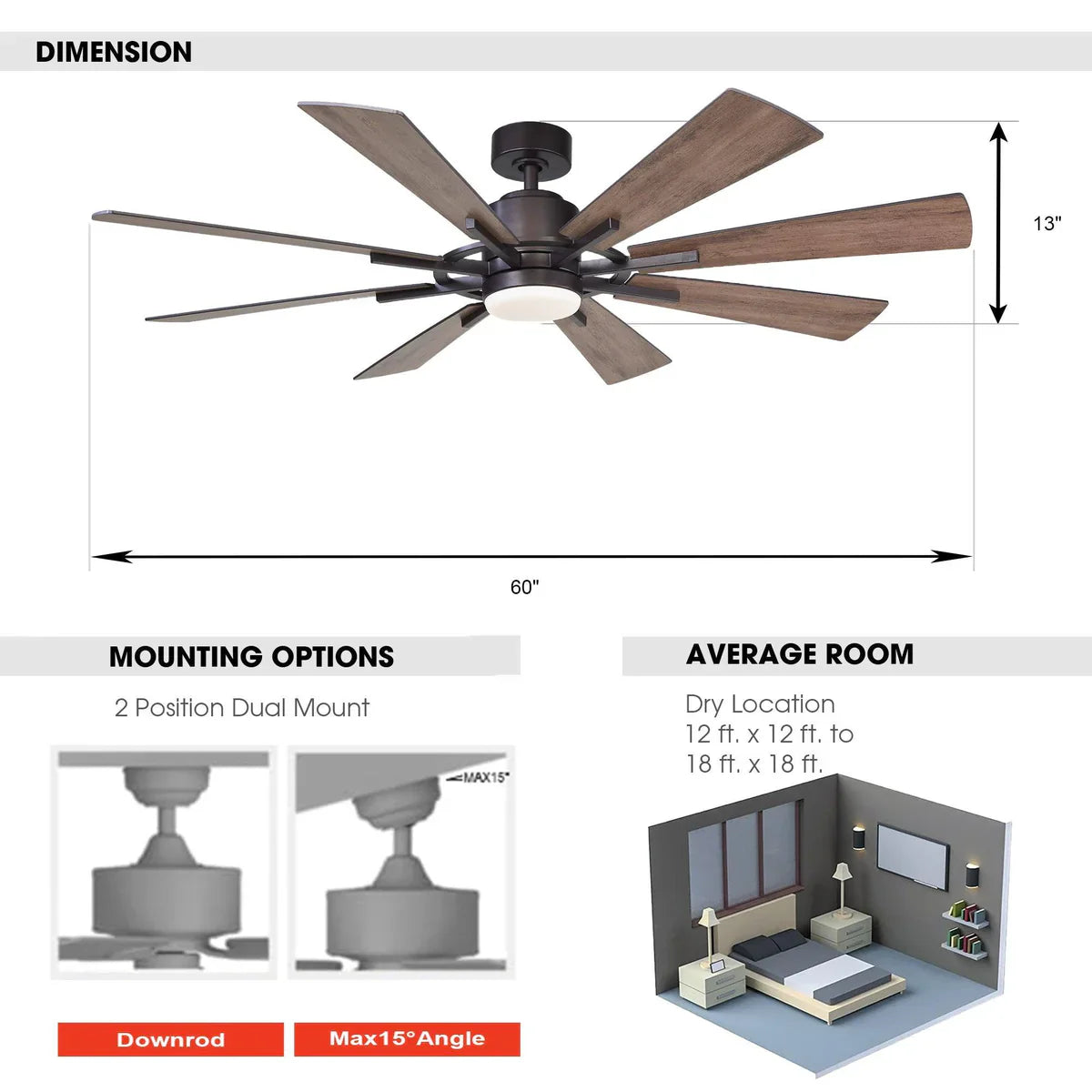 Brushed gold farmhouse ceiling fan with eight blades and frosted light fixture for modern spaces mounting dimensions