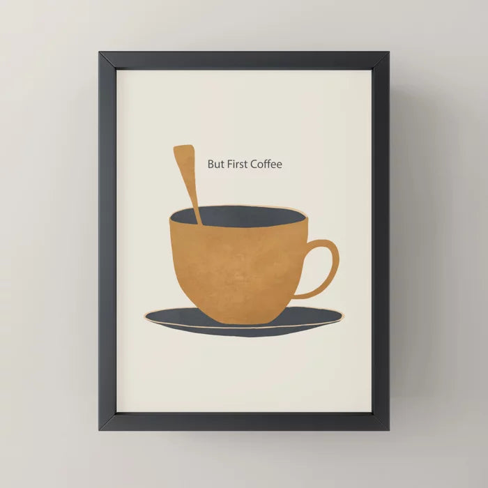 But First Coffee 2 Mini Art Print framed in sleek black wood for coffee bar or office wall