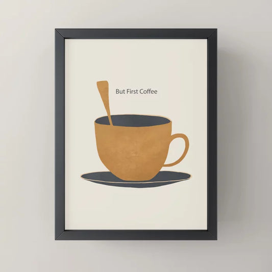 But First Coffee 2 Mini Art Print framed in sleek black wood for coffee bar or office wall