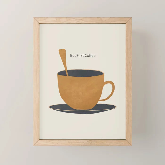 Small coffee-themed art print by ThingDesign framed in light wood for modern interiors