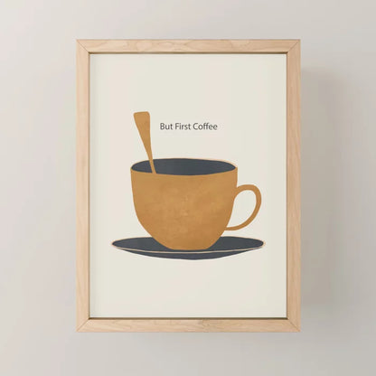 Small coffee-themed art print by ThingDesign framed in light wood for modern interiors