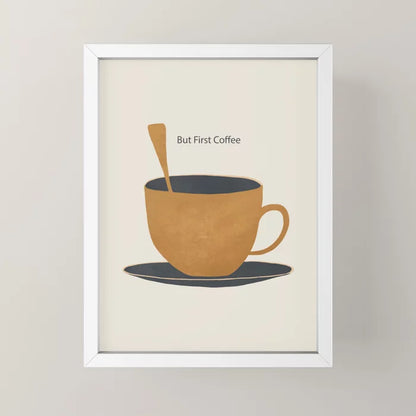 Coffee-inspired art print in white frame adds bright modern touch to wall décor