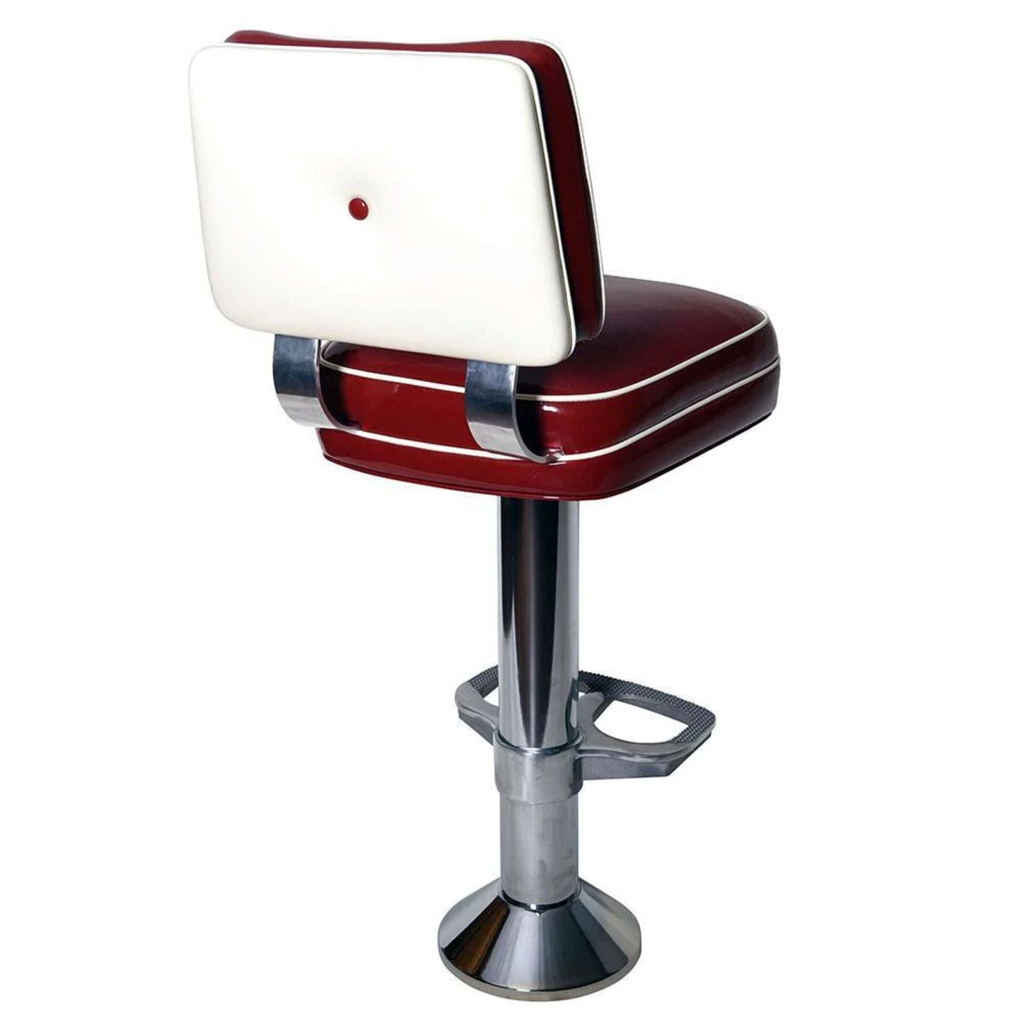 Bolt-down bar stool with button-back upholstered seat, auto-return swivel, cast iron base, and adjustable height for commercial dining spaces.