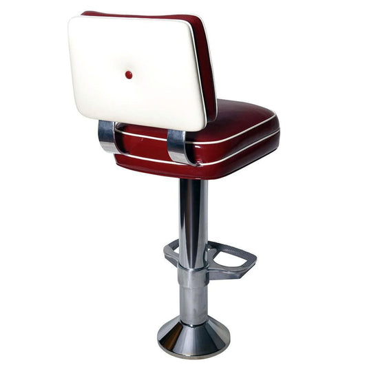 Bolt-down bar stool with button-back upholstered seat, auto-return swivel, cast iron base, and adjustable height for commercial dining spaces.