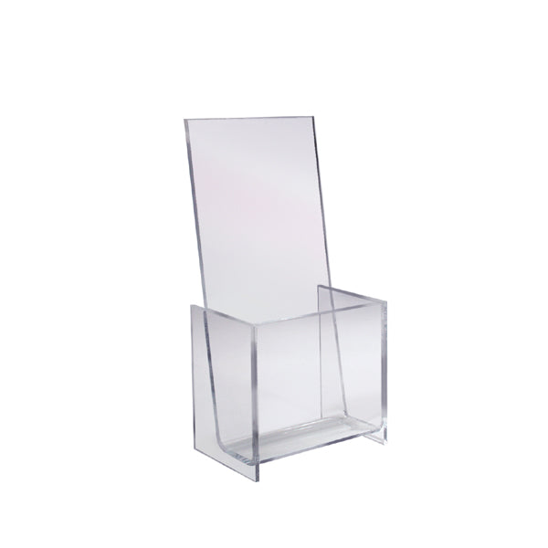 Front view of a clear acrylic brochure holder sized for 4-inch by 9-inch printed literature.