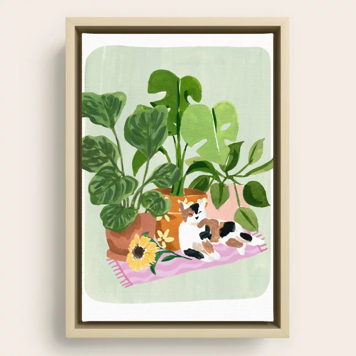 Botanical cat art print framed in light maple wood, perfect for restaurant  or cafe space