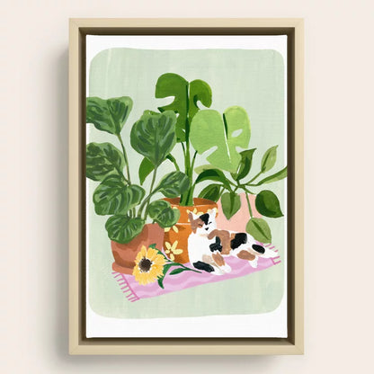 Botanical cat art print framed in light maple wood, perfect for restaurant  or cafe space