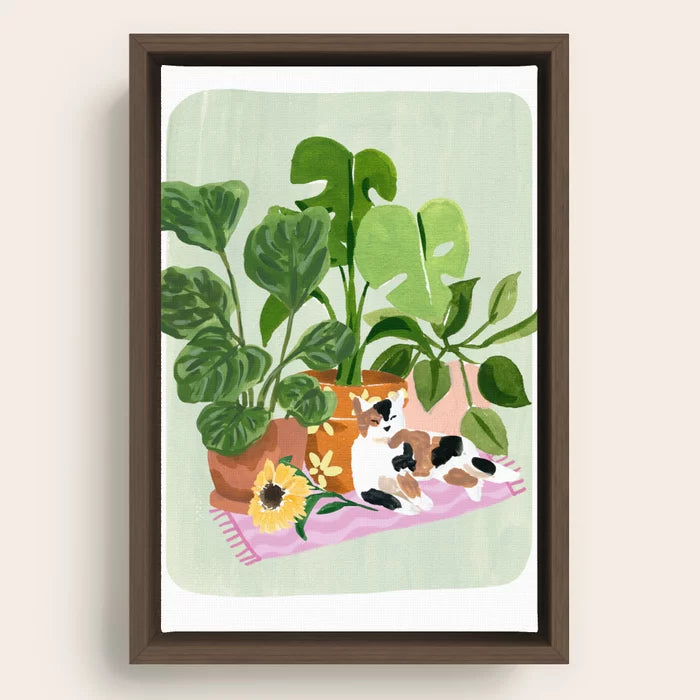 Cat and Plants Still Life Canvas Print framed in walnut wood for warm rustic wall décor