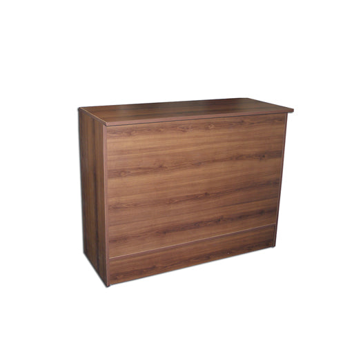 Front view of the Flat Top Check Out Counter in a cherry wood finish, highlighting the flat top surface and classic retail checkout style.