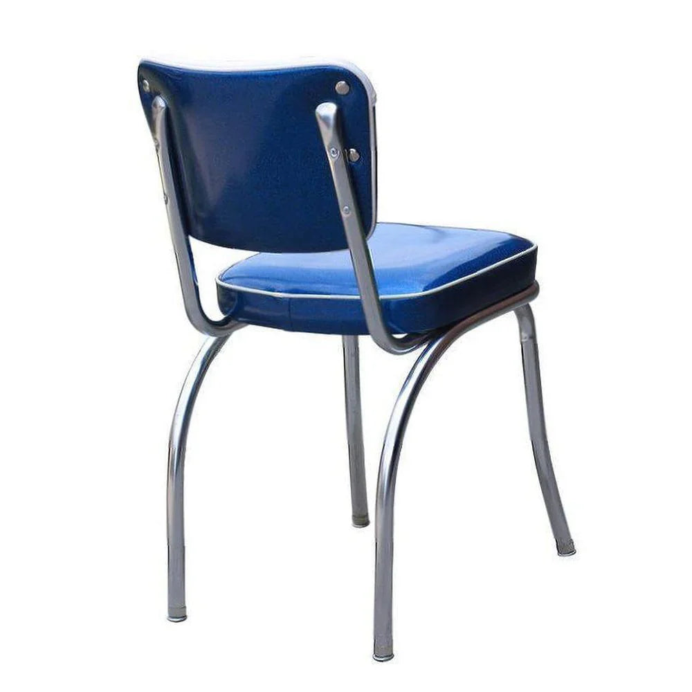 Back view of upholstered Chevy-style channel-back diner chair designed for restaurants, diners, bars, and hotel cafés.
